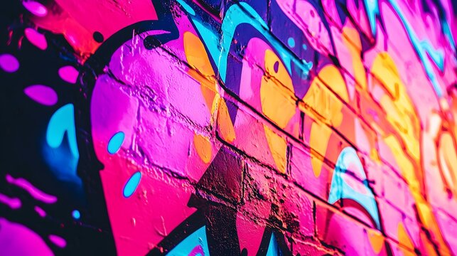 Vibrant Neon Graffiti Splashes on an Ebony Wall in Urban Setting