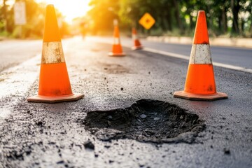 Road Construction with Warning Cones Surrounding a Pothole under Sunset Lighting on a Rural Road Showing Urban Infrastructure Maintenance and Safety Concerns