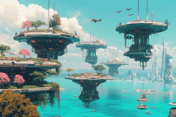 Obraz premium Futuristic sunset with floating islands. AI-generated