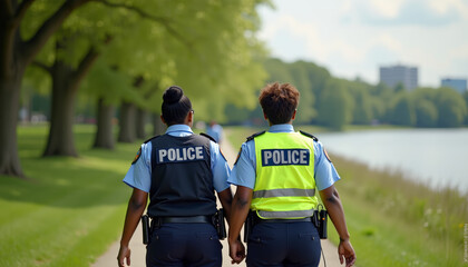 Two Police Officers on Patrol in a Park