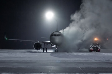 Ground deicing of a passenger plane on the night airport at winter