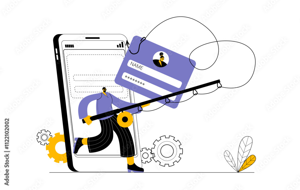 Poster a hacker in a dark hood with a fishing rod catches user passwords on a hook from a mobile phone. con