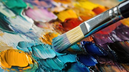 Fototapeta premium an artist's palette with vibrant paints and a brush in mid-stroke