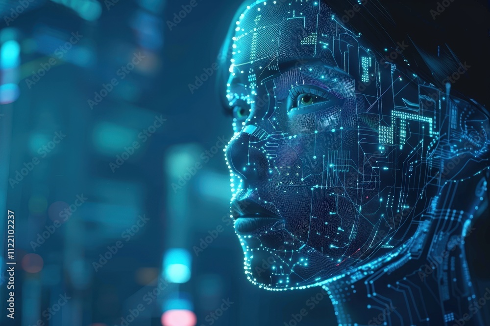 Poster Futuristic digital representation of a human face with intricate circuit patterns glowing in a dark environment showcasing technology and artificial intelligence