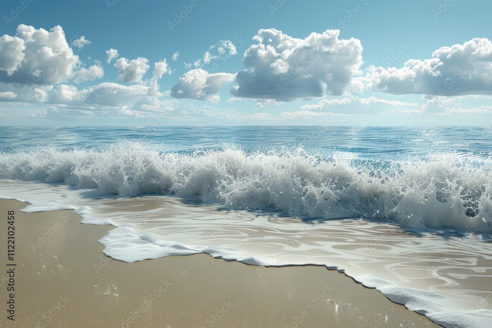 Aufkleber waves crashing on a sandy beach under a clear blue sky with fluffy clouds and gentle sunlight during