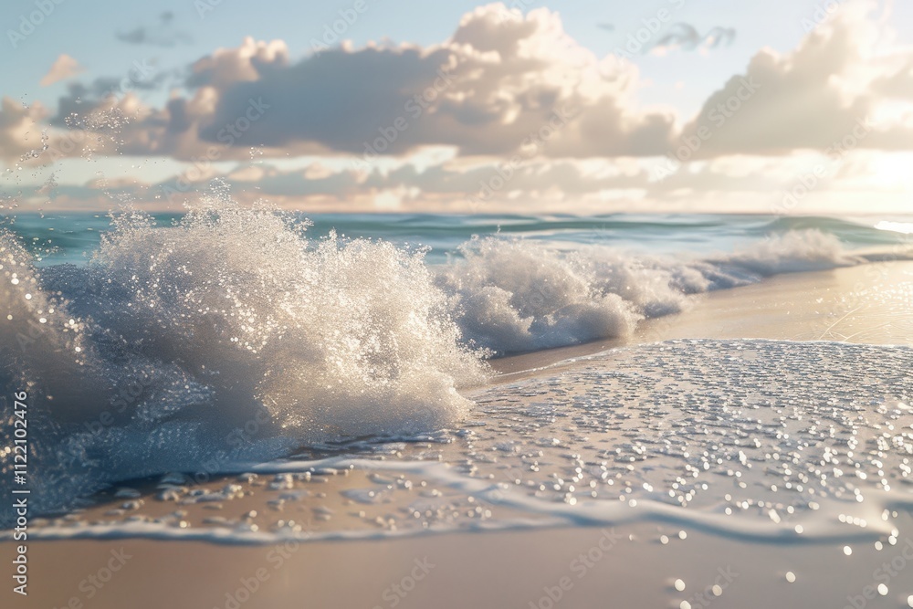 Aufkleber waves crashing on a sandy beach under a clear blue sky with fluffy clouds and gentle sunlight during