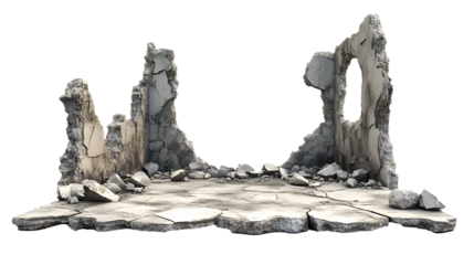 A desolate, ruined building with a large hole in the wall