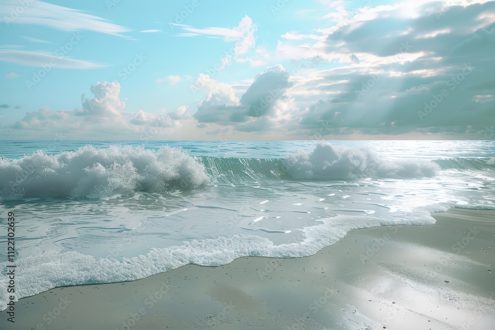 Aufkleber waves crashing on a sandy beach under a clear blue sky with fluffy clouds and gentle sunlight during