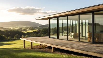 Fototapeta premium Contemporary glass house with wooden porch near green hills in picturesque countryside