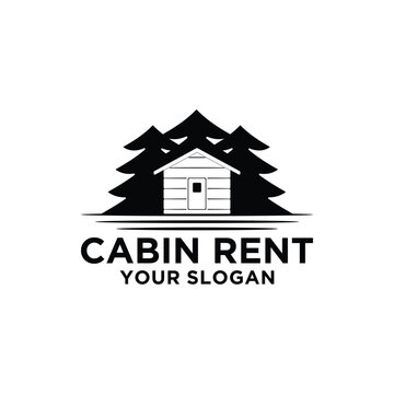  log cabin landscape scene, black vector illustration 