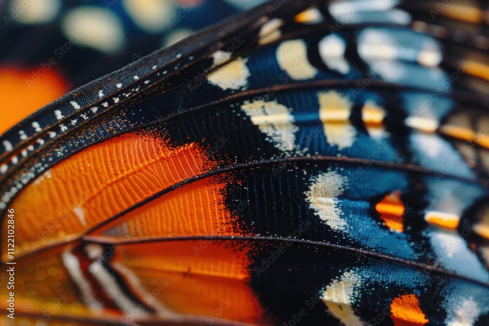 Poster Close-up view of a butterfly wing showcasing intricate patterns and vibrant colors in nature during a sunny day