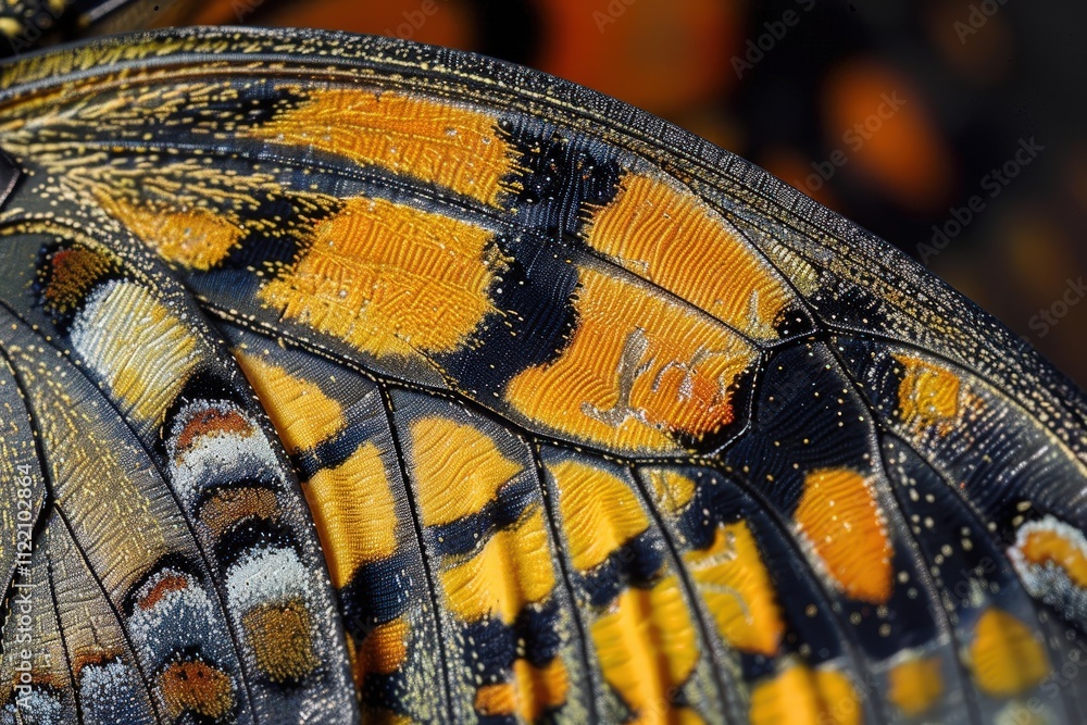 Poster Close-up view of a butterfly wing showcasing intricate patterns and vibrant colors in nature during a sunny day