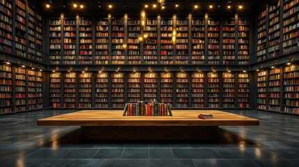 Grand library interior with wooden table and bookshelves.