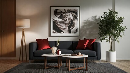 Black and white minimalist lounge with fashion couch and red silk pillow-rendering