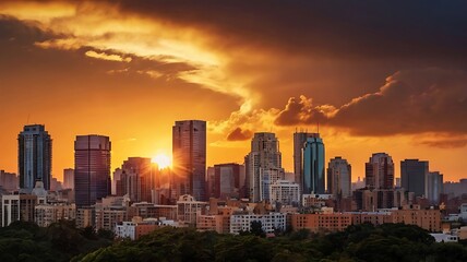 City Skyline Sunset Golden Hour Dramatic Cloudscape
