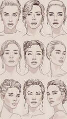 Beautiful woman face line drawing poster set collection