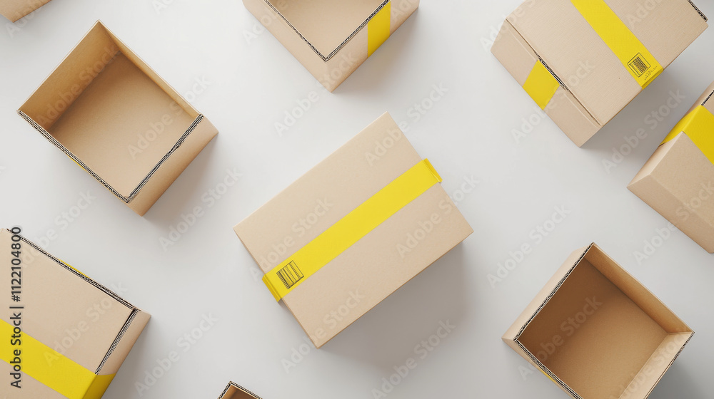 Poster empty cardboard boxes, brown carton package with yellow adhesive tape and stickers. vector realistic