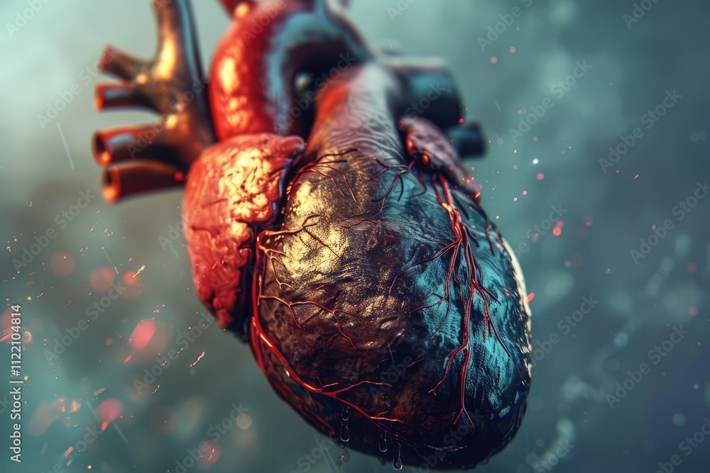 Poster realistic rendering of a human heart suspended in mid-air against a dark background illustrating ana