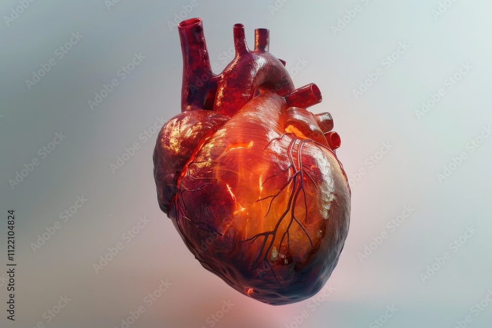 Poster realistic rendering of a human heart suspended in mid-air against a dark background illustrating ana
