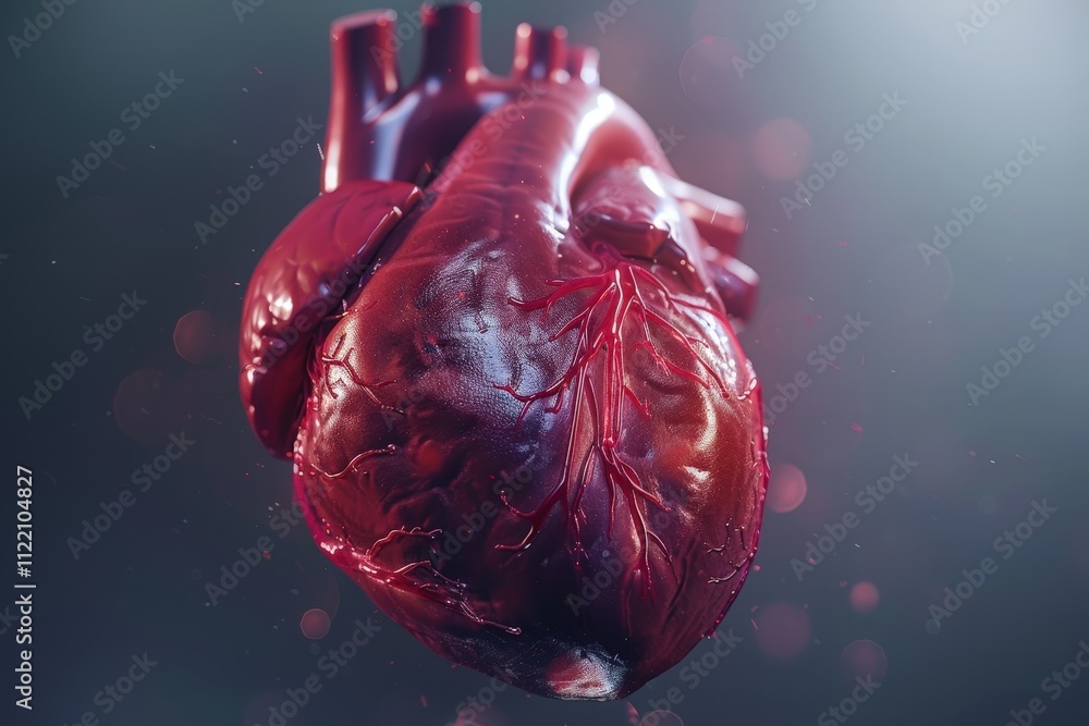 Poster realistic rendering of a human heart suspended in mid-air against a dark background illustrating ana