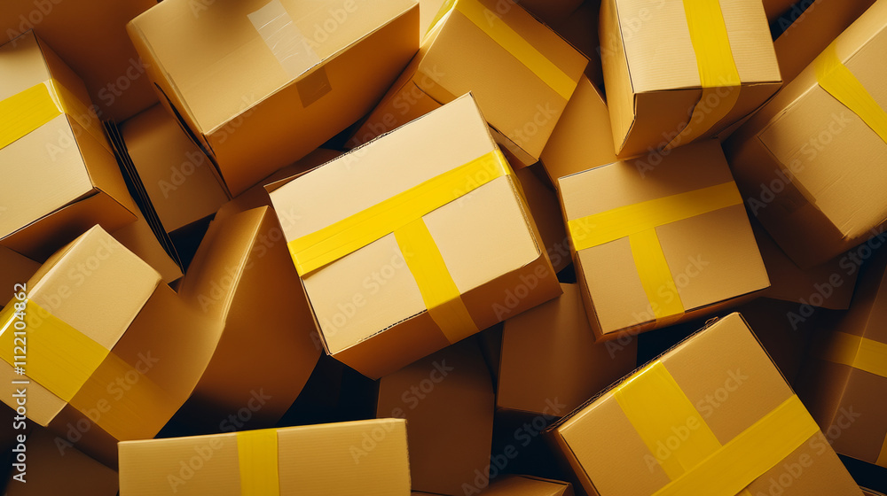 Poster empty cardboard boxes, brown carton package with yellow adhesive tape and stickers. vector realistic