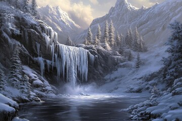 Majestic frozen waterfall in winter landscape. Generative AI