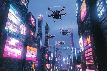 Futuristic city with drones flying over neon skyline. Generative AI