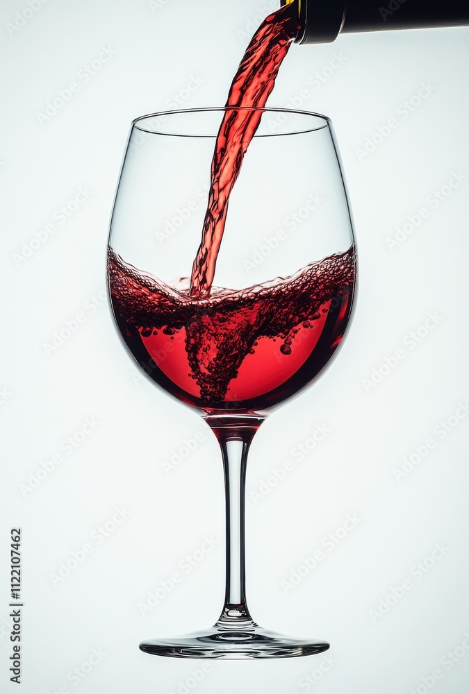 Poster pouring red wine into a glass with bubbles and swirls captured in a stylish and elegant setting for 