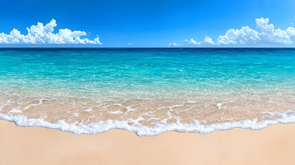 Fototapeta premium A serene beach scene showcasing clear blue water, soft sand, and fluffy clouds under a bright sky.