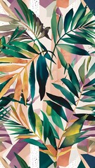Abstract geometric watercolor palm leaf poster. Modern minimal illustration with palm leaf and hand drawn texture for minimalist print, cover, boho wall decor, mid century design, trendy art