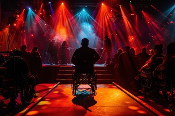 Colorful stage setup with wheelchair accessibility features and holiday decorations in a performance venue
