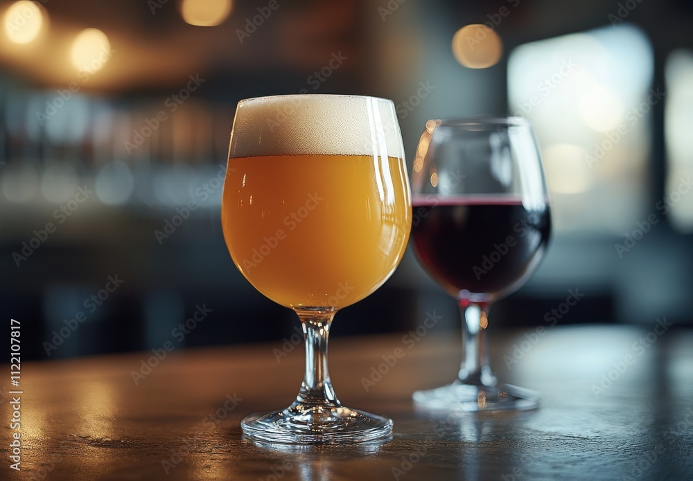 Poster refreshing glass of golden beer and elegant red wine serve on a table in a cozy environment with blu