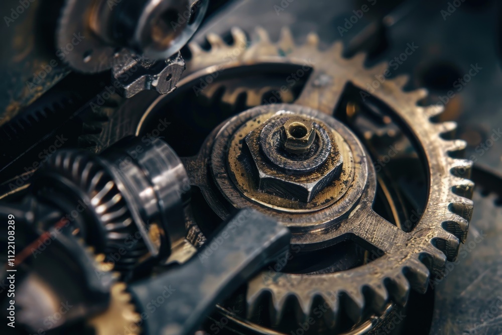 Poster intricate details of vintage brass gear mechanism showcasing mechanical craftsmanship in a dimly lit