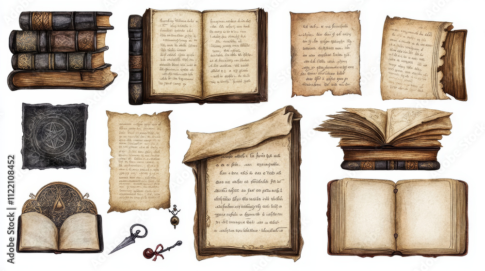 Poster magic game scroll and book - cartoon vector illustration set of old parchment rolled assets for wiza