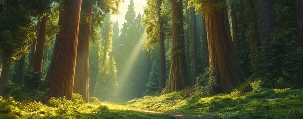 Obraz premium Serene Sunlight Filtering Through Towering Trees in a Lush Green Forest, Creating a Tranquil Atmosphere of Nature's Beauty and Wilderness