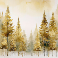 Watercolor gold pine tree forest on a white background