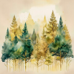 Watercolor gold and green pine tree forest on a white background