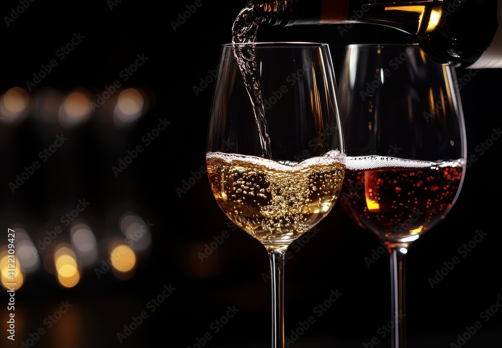 Poster sparkling wine being poured into elegant glasses against a dark background with soft bokeh lights cr