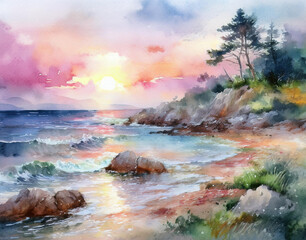 Pale sunset view in the rocky shore