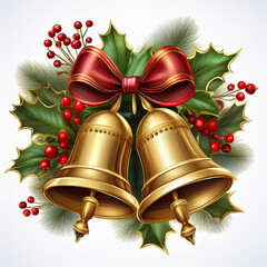 Two golden bells adorned with holly leaves, red berries, and red bows, symbolizing traditional Christmas decoratio