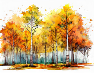 Aspen tree forest in fall on a white background