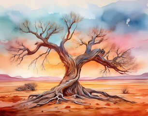 Dead and dry tree in desert