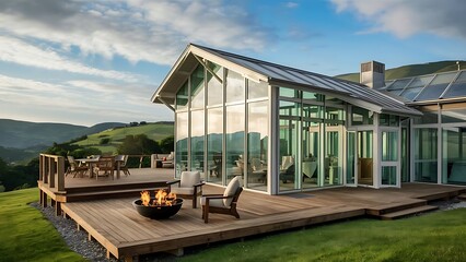 Fototapeta premium Modern glass house with wooden porch near green hills under blue sky in scenic countryside