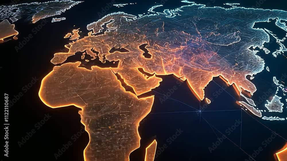 Poster a vibrant digital map of asia, showing streaming data lines across countries, with glowing dots repr