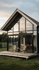 Fototapeta premium Modern glass house with chairs on wooden porch, tranquil countryside setting, banner
