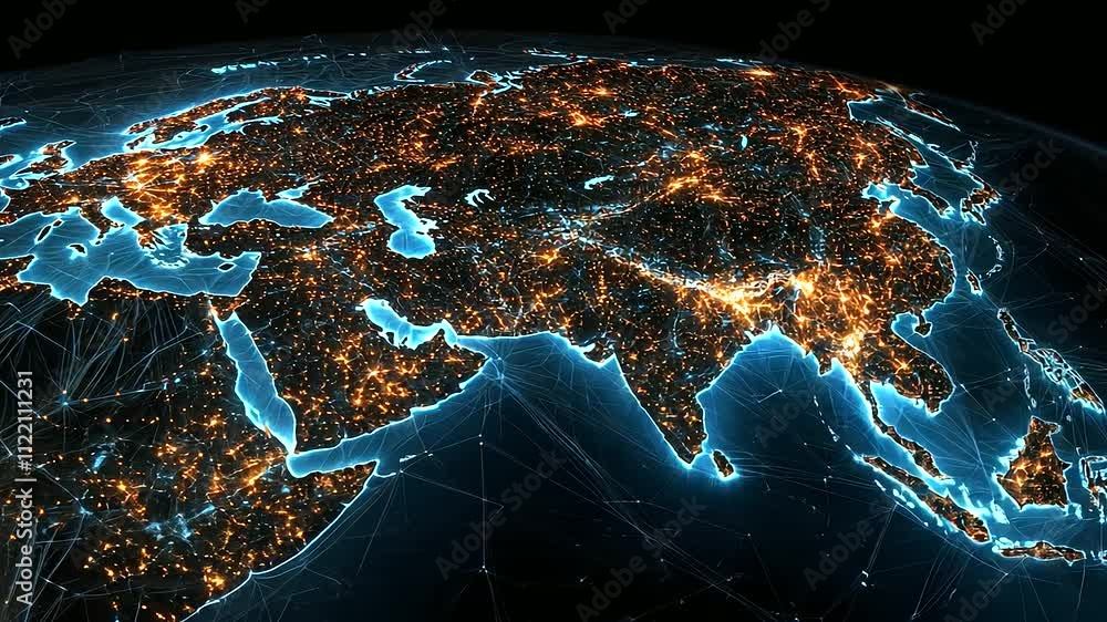 Aufkleber a cyber-themed map of asia with a mesh of light trails representing data transfer and connectivity, 