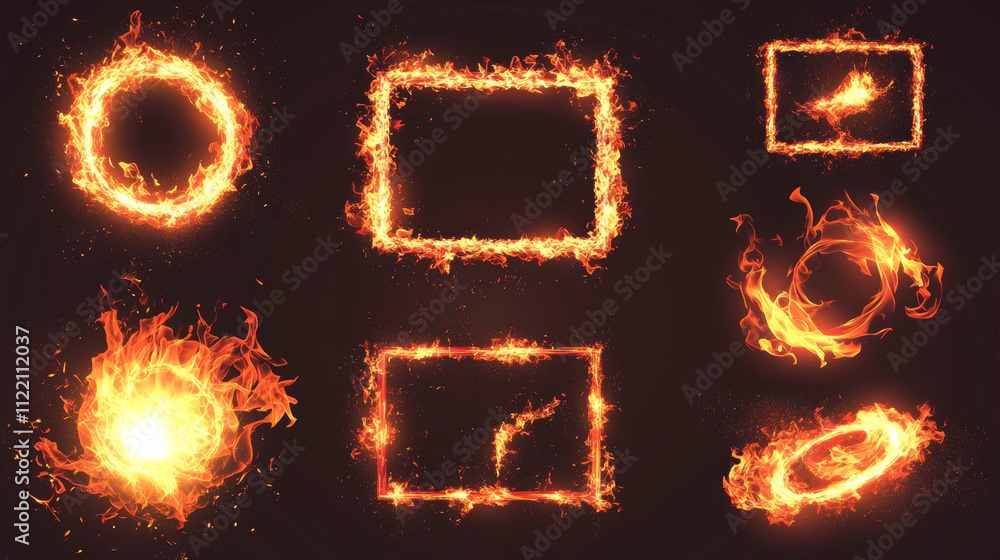 Poster ring fire flame, burning different shapes frames. vector realistic mockup with ignited circle, squar