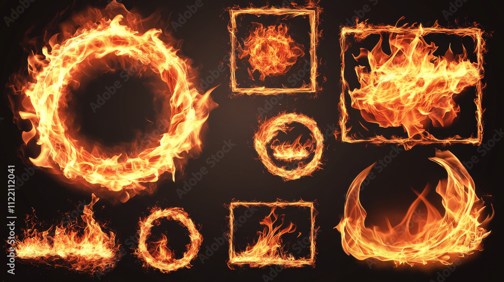 Poster ring fire flame, burning different shapes frames. vector realistic mockup with ignited circle, squar