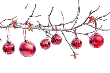 Fototapeta premium A decorative branch with red ornaments and autumn leaves, evoking a festive atmosphere.