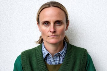 Fototapeta premium Caucasian mature female in green sweater against white background